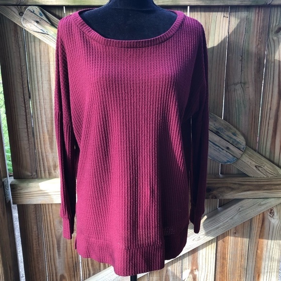 Zenana Outfitters Tops - Zenana Outfitters Dark Red Waffle Weave Long Sleeve Wide Neck Tunic Shirt Size L